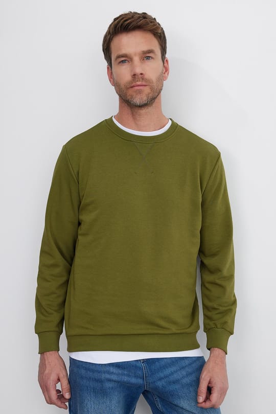 Unisex Relax Fit Rahat Kesim %100 Pamuk 3 İplik Basic Yeşil Bisiklet Yaka Sweatshirt