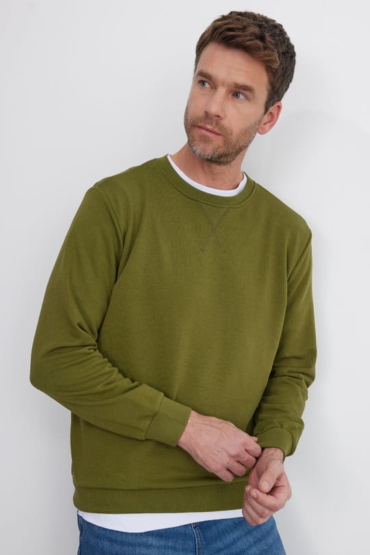 Unisex Relax Fit Rahat Kesim %100 Pamuk 3 İplik Basic Yeşil Bisiklet Yaka Sweatshirt