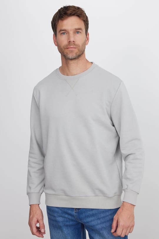 Unisex Relax Fit Rahat Kesim %100 Pamuk 3 İplik Basic Taş Renk Bisiklet Yaka Sweatshirt