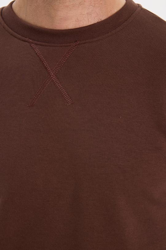 Unisex Relax Fit Rahat Kesim %100 Pamuk 3 İplik Basic Kahverengi Bisiklet Yaka Sweatshirt