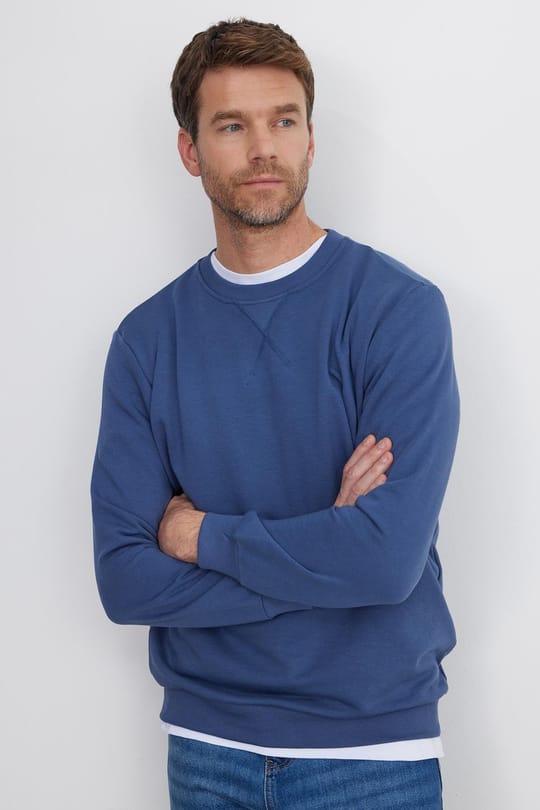 Unisex Relax Fit Rahat Kesim %100 Pamuk Basic İndigo Bisiklet Yaka Sweatshirt