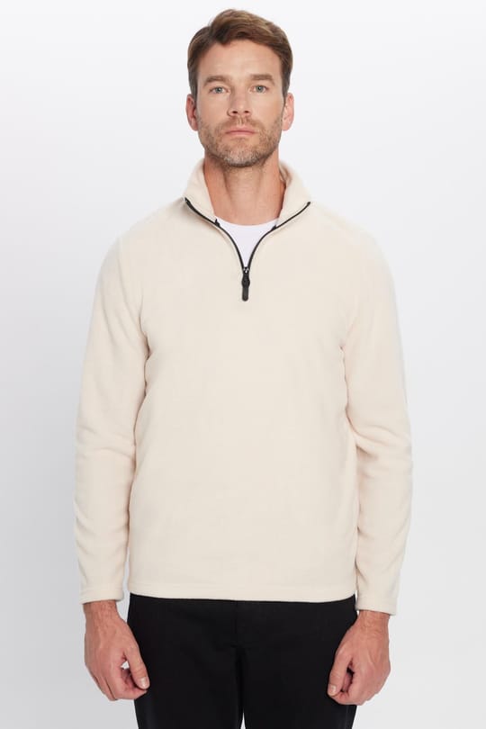 Unisex Standart Fit Anti-pilling Tüylenme Yapmayan Soğuk Geçirmez Bej Bato Yaka Polar Sweatshirt