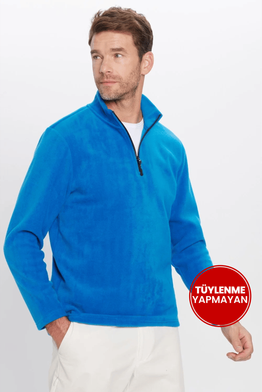 Unisex Standart Fit Anti-pilling Tüylenme Yapmayan Soğuk Geçirmez Sax Mavi Dik Bato Yaka Polar Sweatshirt