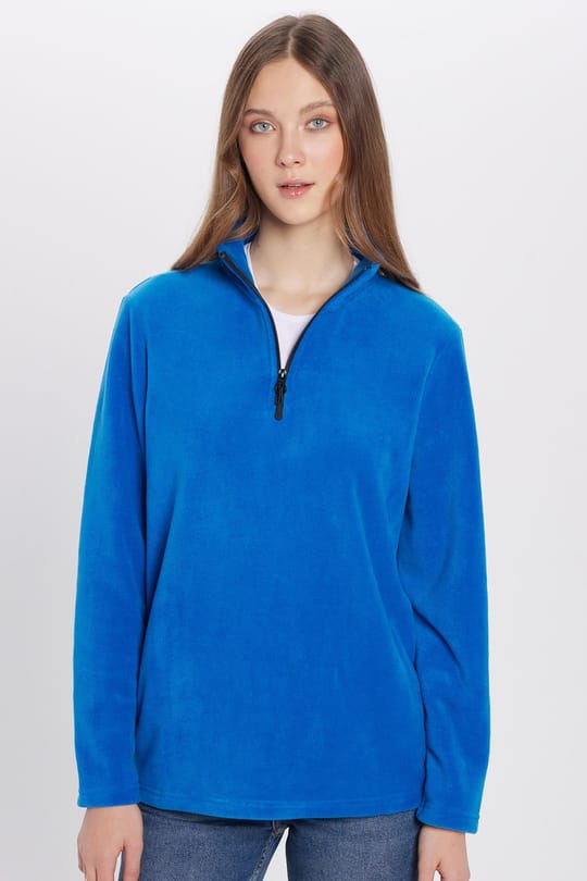 Unisex Standart Fit Anti-pilling Tüylenme Yapmayan Soğuk Geçirmez Sax Mavi Dik Bato Yaka Polar Sweatshirt