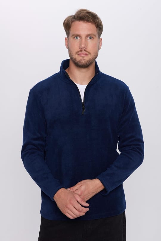Unisex Standart Fit Rahat Kesim Tüylenme Yapmayan Soğuk Geçirmez Lacivert Dik Yaka Polar Sweatshirt