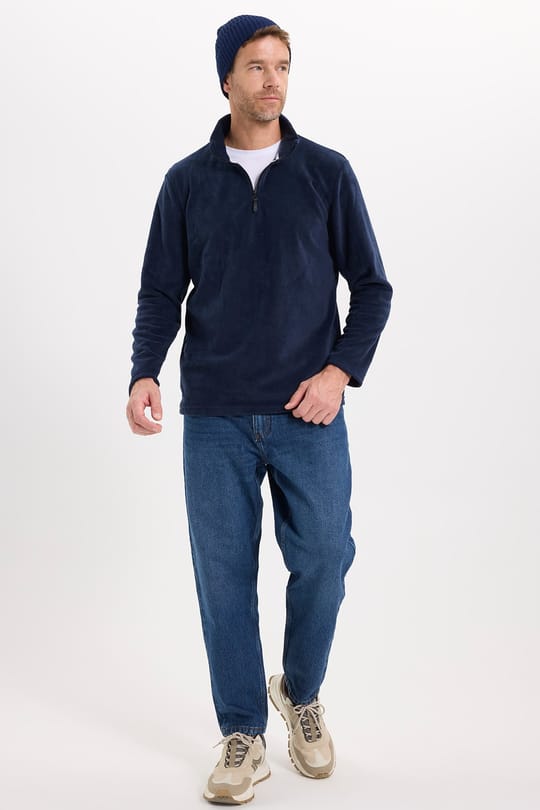Unisex Standart Fit Rahat Kesim Soğuğa Karşı Dayanıklı Lacivert Dik Yaka Polar Sweatshirt