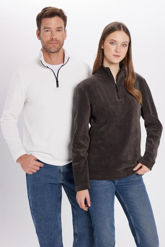 Unisex Standart Fit Anti-pilling Tüylenme Yapmayan Soğuk Geçirmez Füme Dik Bato Yaka Polar Sweatshirt