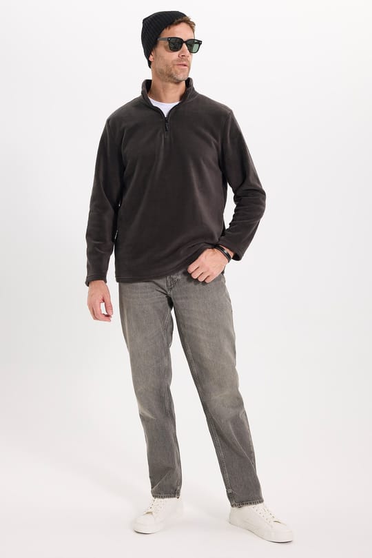 Unisex Standart Fit Tüylenmeye Karşı Dirençli Soğuğa Karşı Dayanıklı Füme Dik Bato Yaka Polar Sweatshirt