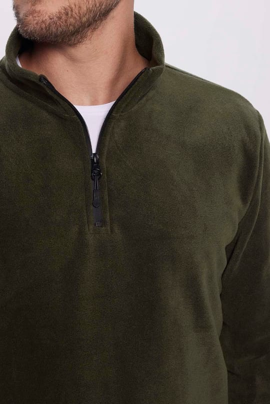 Unisex Standart Fit Rahat Kesim Tüylenme Yapmayan Soğuk Geçirmez Koyu Haki Dik Yaka Polar Sweatshirt