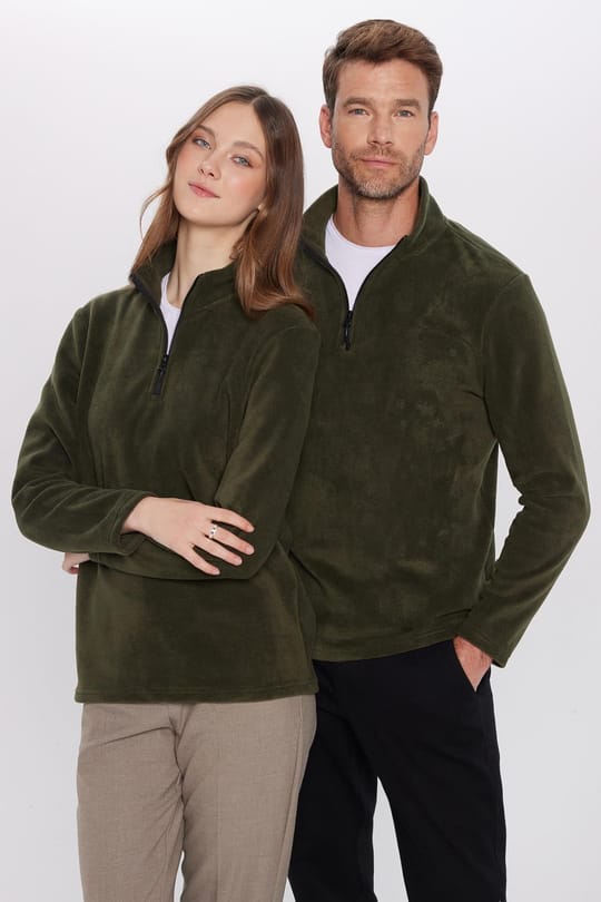 Unisex Standart Fit Rahat Kesim Tüylenme Yapmayan Soğuk Geçirmez Koyu Haki Dik Yaka Polar Sweatshirt
