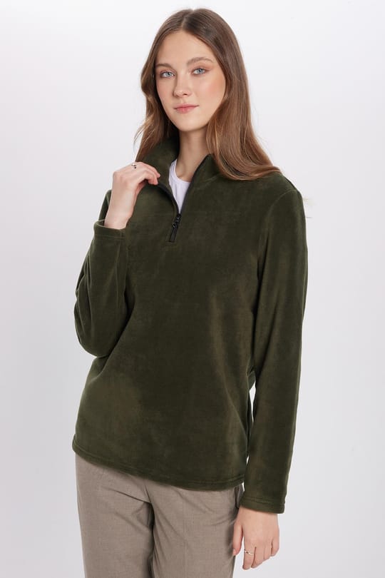 Unisex Standart Fit Rahat Kesim Tüylenme Yapmayan Soğuk Geçirmez Koyu Haki Dik Yaka Polar Sweatshirt