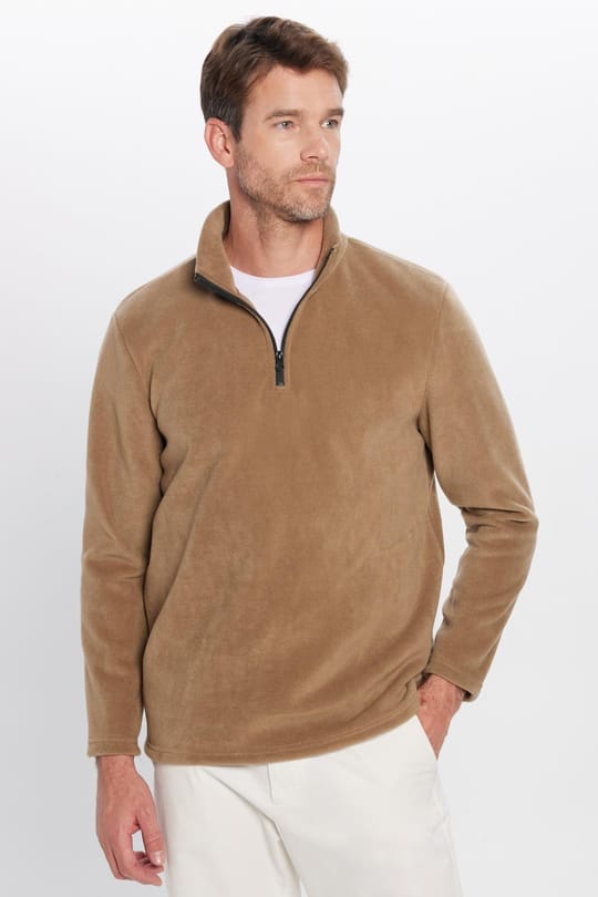 Unisex Standart Fit Anti-pilling Tüylenme Yapmayan Soğuk Geçirmez Haki Bato Yaka Polar Sweatshirt