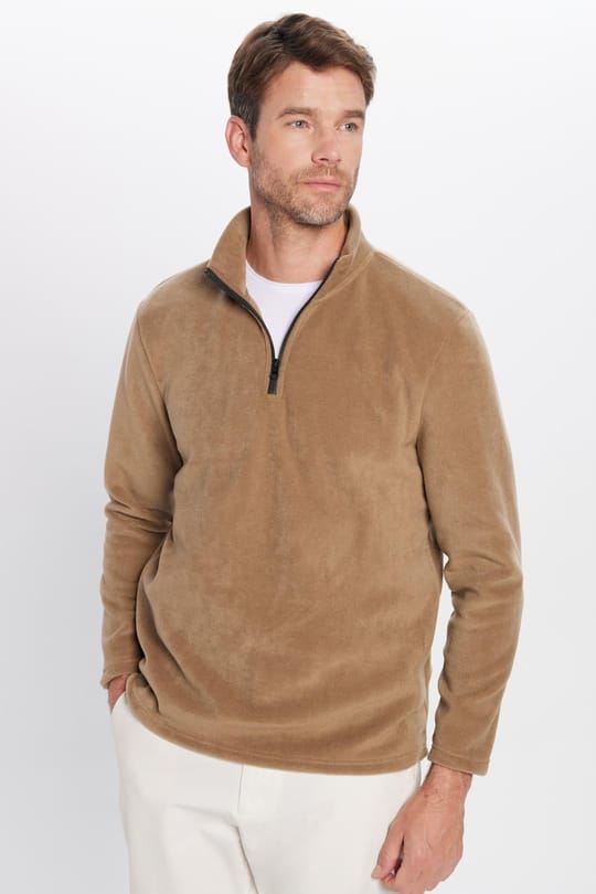 Unisex Standart Fit Anti-pilling Tüylenme Yapmayan Soğuk Geçirmez Haki Bato Yaka Polar Sweatshirt