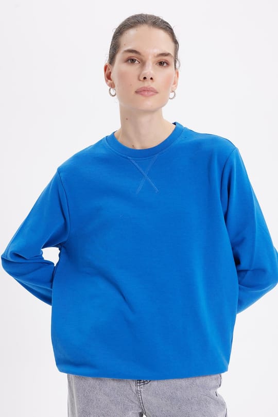 Kadın Oversize Geniş Kesim %100 Pamuk 3 İplik Basic Lacivert Bisiklet Yaka Sweatshirt