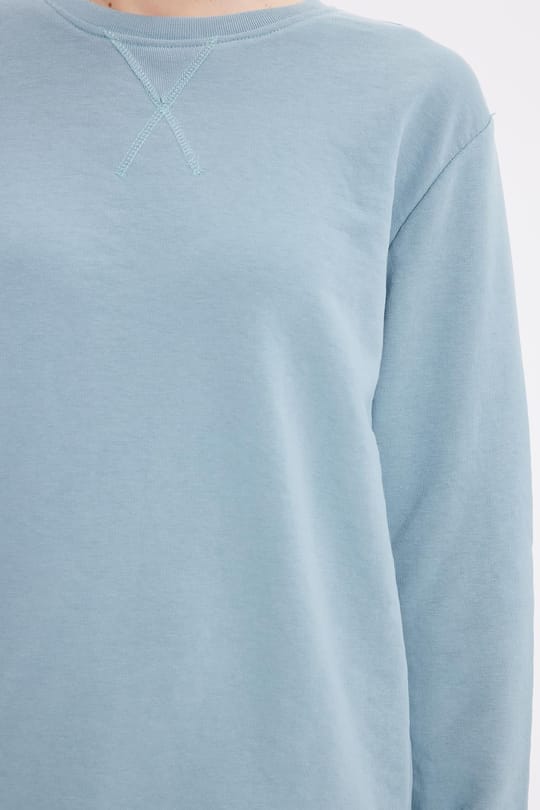 Kadın Oversize Geniş Kesim %100 Pamuk 3 İplik Basic Bisiklet Yaka Mavi Sweatshirt