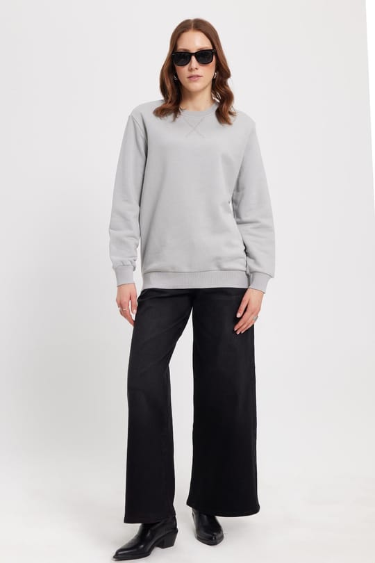 Kadın Oversize Geniş Kesim %100 Pamuk 3 İplik Basic Taş Bisiklet Yaka Sweatshirt