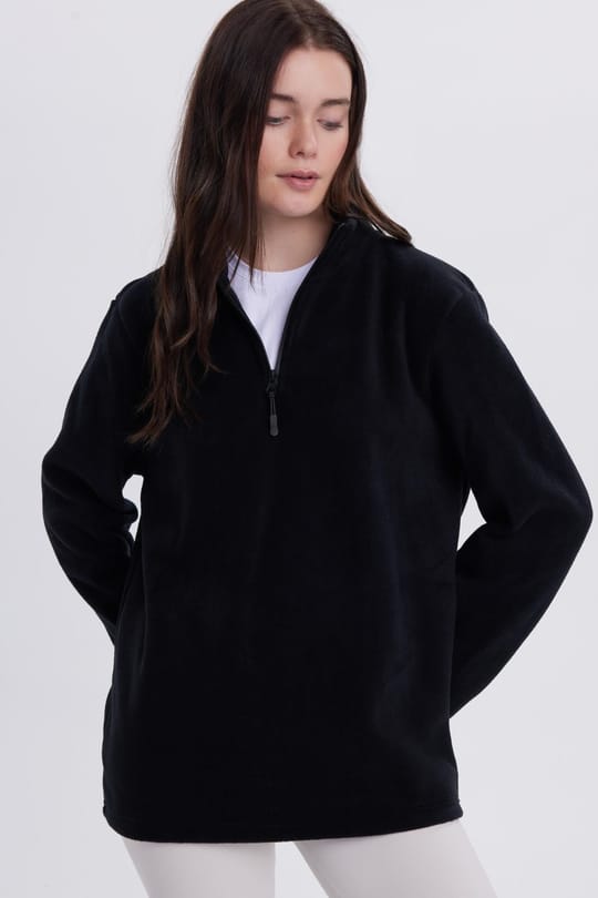 Kadın Standart Fit Anti-pilling Tüylenme Yapmayan Soğuk Geçirmez Siyah Bato Yaka Polar Sweatshirt