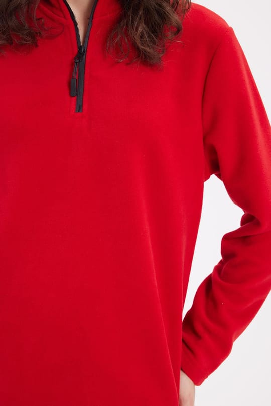 Kadın Standart Fit Anti-pilling Tüylenme Yapmayan Soğuk Geçirmez Kırmızı Bato Yaka Polar Sweatshirt