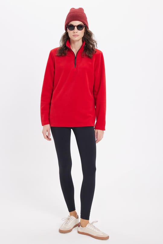 Kadın Standart Fit Anti-pilling Tüylenme Yapmayan Soğuk Geçirmez Kırmızı Bato Yaka Polar Sweatshirt