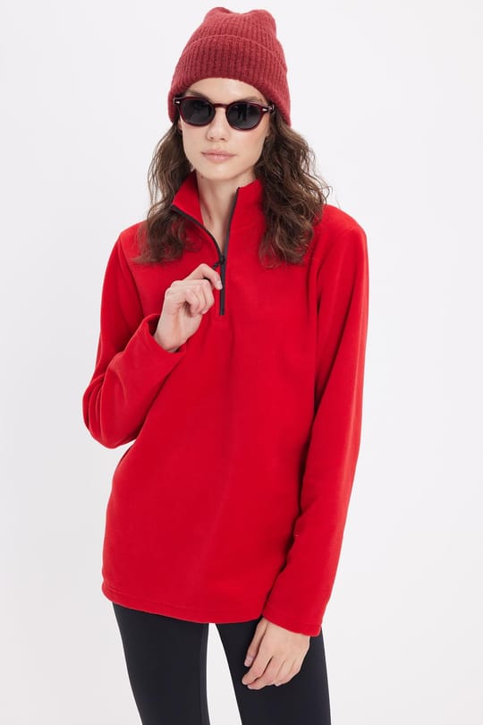 Kadın Standart Fit Anti-pilling Tüylenme Yapmayan Soğuk Geçirmez Kırmızı Bato Yaka Polar Sweatshirt