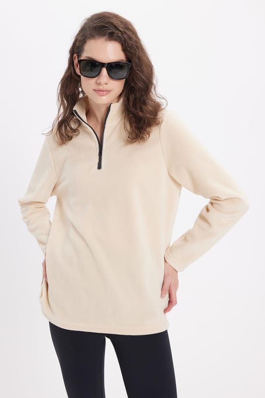 Kadın Standart Fit Anti-pilling Tüylenme Yapmayan Soğuk Geçirmez Açık Bej Bato Yaka Polar Sweatshirt