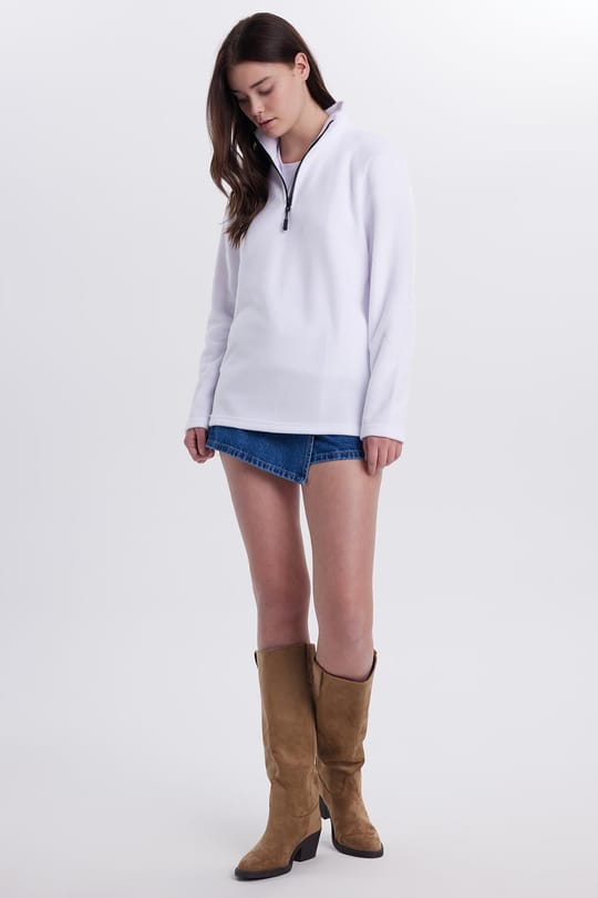 Kadın Standart Fit Antipilling Tüylenme Yapmayan Soğuk Geçirmez Ekru Bato Yaka Polar Sweatshirt