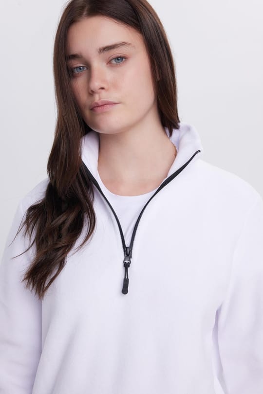 Kadın Standart Fit Antipilling Tüylenme Yapmayan Soğuk Geçirmez Ekru Bato Yaka Polar Sweatshirt