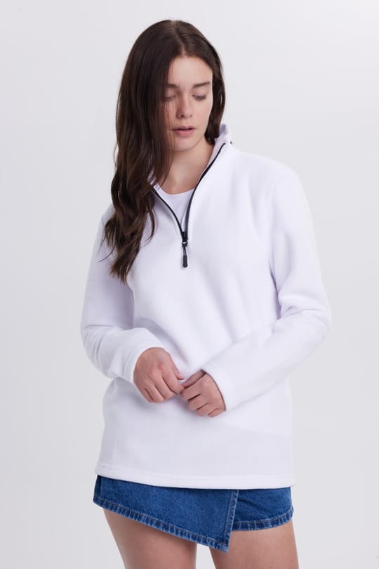 Kadın Standart Fit Antipilling Tüylenme Yapmayan Soğuk Geçirmez Ekru Bato Yaka Polar Sweatshirt
