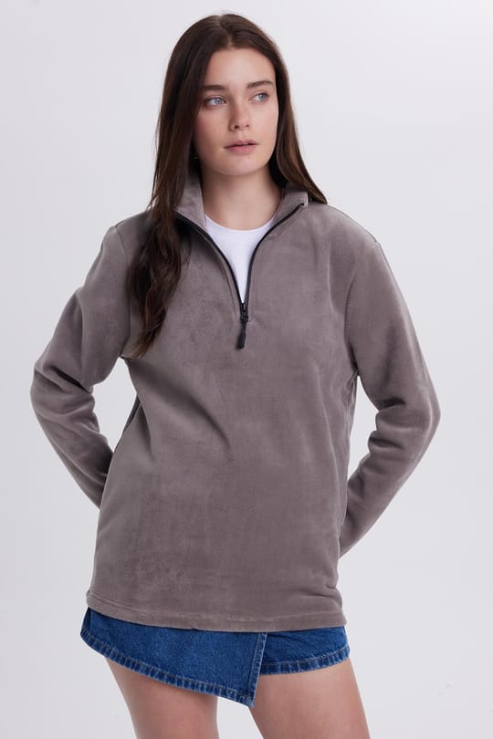 Kadın Standart Fit Anti-pilling Tüylenme Yapmayan Soğuk Geçirmez Açık Gri Bato Yaka Polar Sweatshirt
