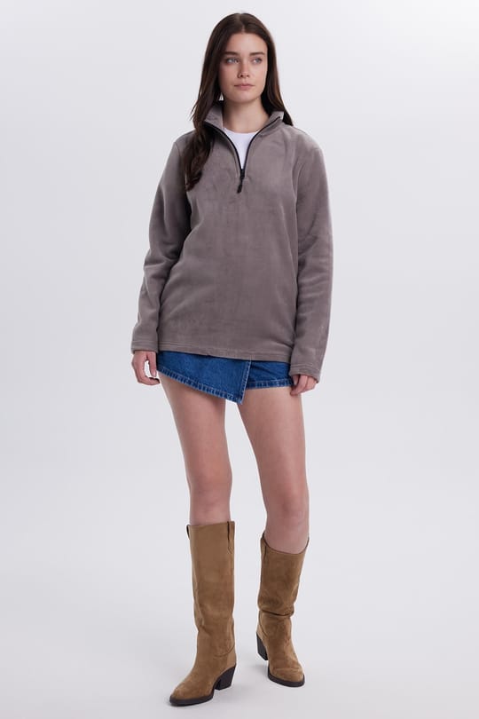 Kadın Standart Fit Anti-pilling Tüylenme Yapmayan Soğuk Geçirmez Açık Gri Bato Yaka Polar Sweatshirt