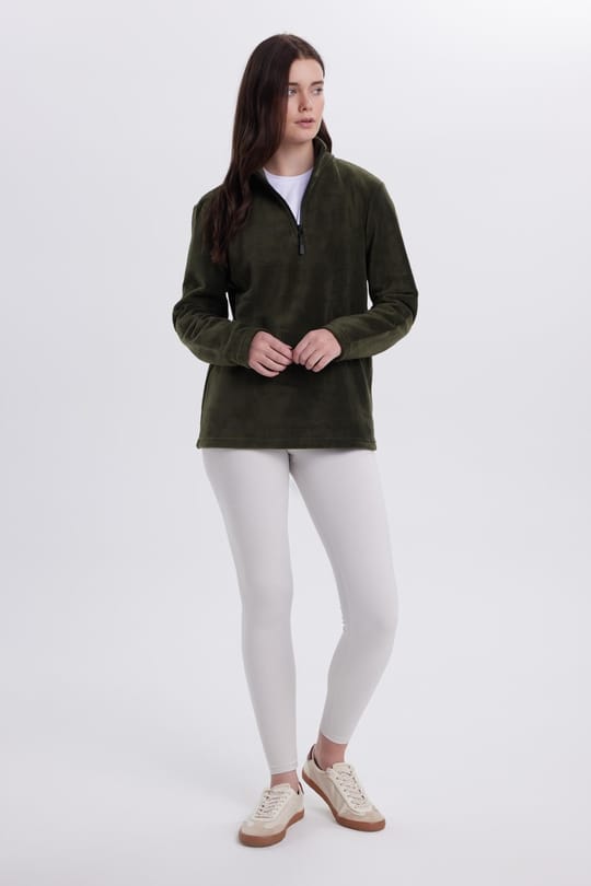 Kadın Standart Fit Anti-pilling Tüylenme Yapmayan Soğuk Geçirmez Koyu Haki Bato Yaka Polar Sweatshirt