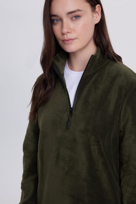 Kadın Standart Fit Anti-pilling Tüylenme Yapmayan Soğuk Geçirmez Koyu Haki Bato Yaka Polar Sweatshirt