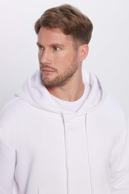 Unisex Oversize Geniş Kesim Pamuklu Yumuşak Dokulu İçi Polarlı Basic Beyaz Kapüşonlu Sweatshirt