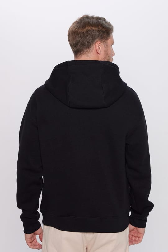 Unisex Oversize Geniş Kesim Pamuklu Yumuşak Dokulu İçi Polarlı Basic Siyah Kapüşonlu Sweatshirt