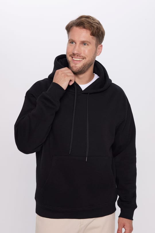 Unisex Oversize Geniş Kesim Pamuklu Yumuşak Dokulu İçi Polarlı Basic Siyah Kapüşonlu Sweatshirt