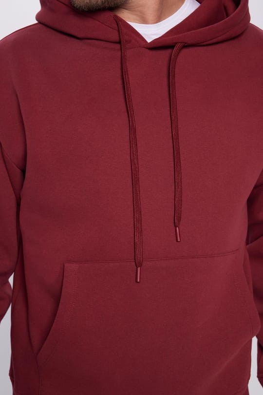 Unisex Oversize Geniş Kesim Pamuklu Yumuşak Dokulu İçi Polarlı Basic Bordo Kapüşonlu Sweatshirt