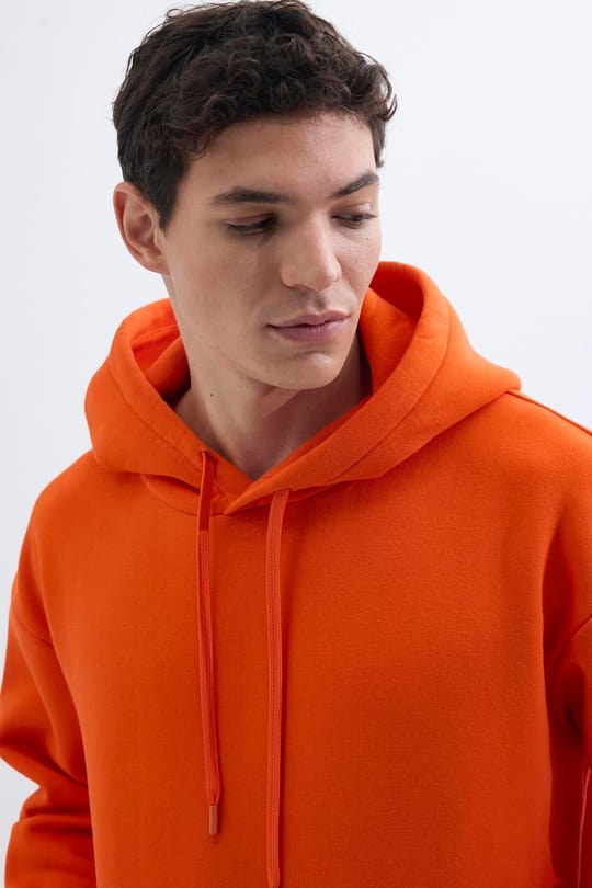 Unisex Oversize Geniş Kesim Pamuklu Yumuşak Dokulu İçi Polarlı Basic Turuncu Kapüşonlu Sweatshirt