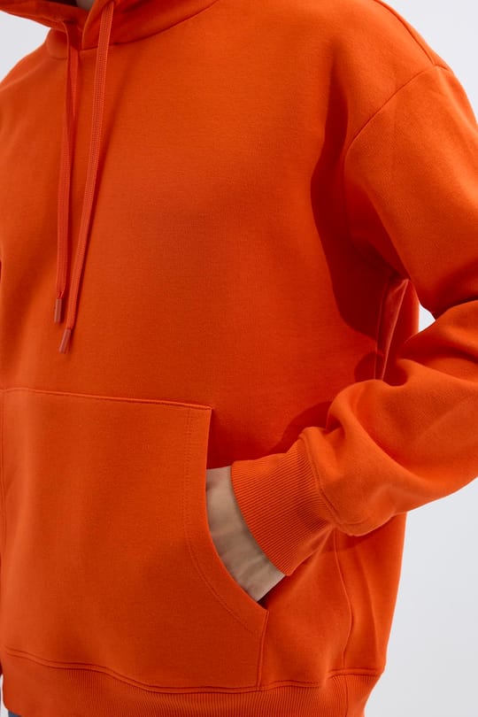Unisex Oversize Geniş Kesim Pamuklu Yumuşak Dokulu İçi Polarlı Basic Turuncu Kapüşonlu Sweatshirt