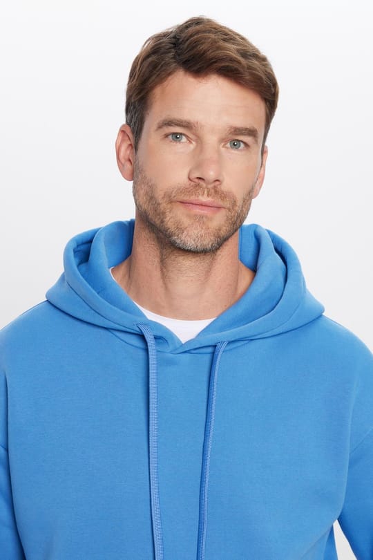 Unisex Oversize Geniş Kesim Pamuklu Yumuşak Dokulu İçi Polarlı Basic Mavi Kapüşonlu Sweatshirt