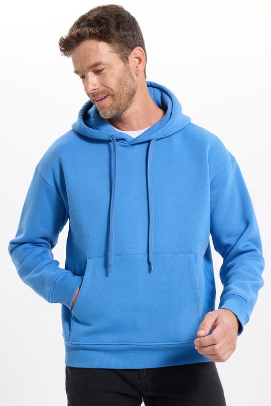 Unisex Oversize Geniş Kesim Pamuklu Yumuşak Dokulu İçi Polarlı Basic Mavi Kapüşonlu Sweatshirt
