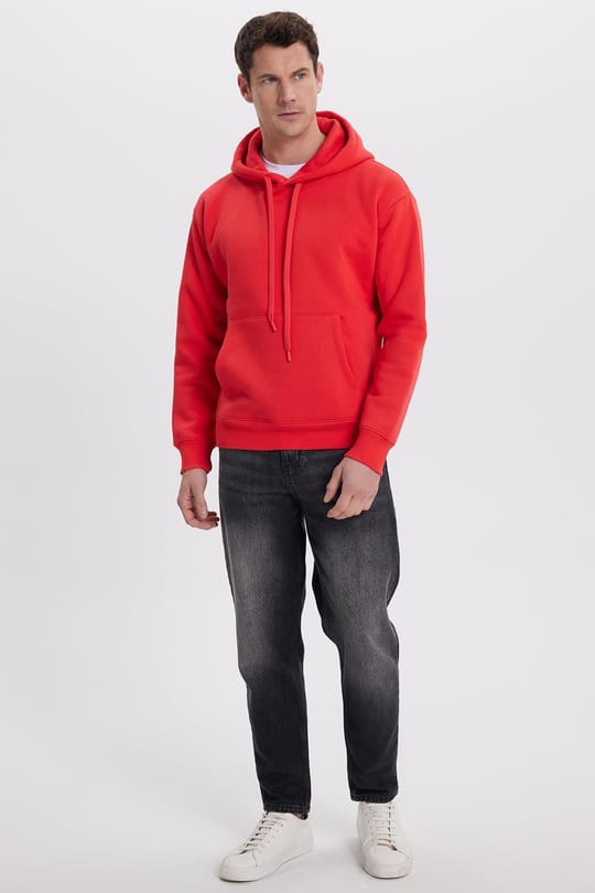 Unisex Oversize Geniş Kesim Pamuklu Yumuşak Dokulu İçi Polarlı Basic Nar Renk Kapüşonlu Sweatshirt