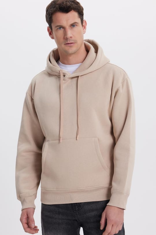 Unisex Oversize Geniş Kesim Pamuklu Yumuşak Dokulu İçi Polarlı Basic Bej Kapüşonlu Sweatshirt