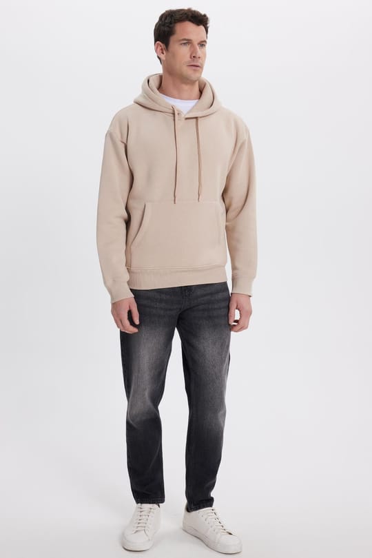Unisex Oversize Geniş Kesim Pamuklu Yumuşak Dokulu İçi Polarlı Basic Bej Kapüşonlu Sweatshirt