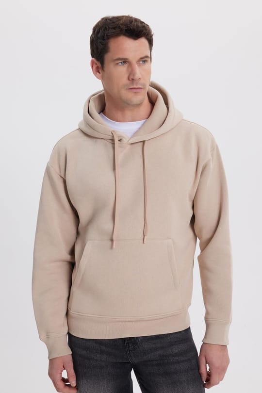 Unisex Oversize Geniş Kesim Pamuklu Yumuşak Dokulu İçi Polarlı Basic Bej Kapüşonlu Sweatshirt