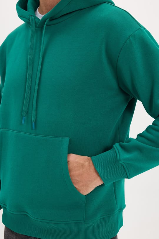Unisex Oversize Geniş Kesim Pamuklu Yumuşak Dokulu İçi Polarlı Basic Yeşil Kapüşonlu Sweatshirt