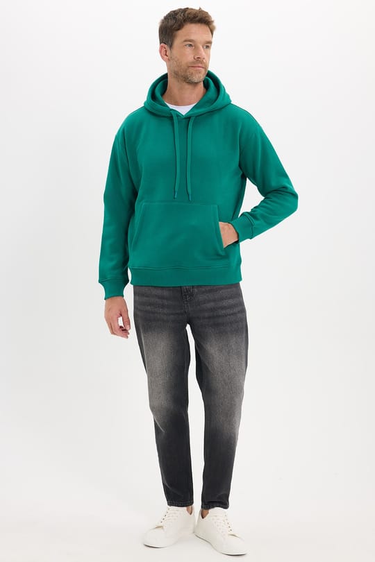 Unisex Oversize Geniş Kesim Pamuklu Yumuşak Dokulu İçi Polarlı Basic Yeşil Kapüşonlu Sweatshirt