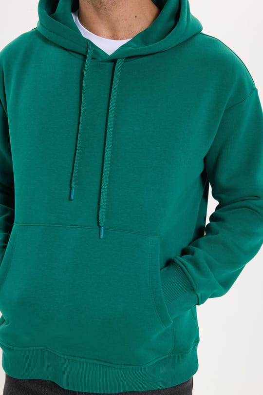 Unisex Oversize Geniş Kesim Pamuklu Yumuşak Dokulu İçi Polarlı Basic Yeşil Kapüşonlu Sweatshirt