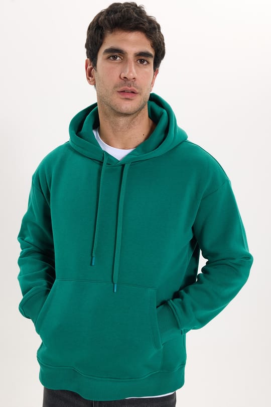 Unisex Oversize Geniş Kesim Pamuklu Yumuşak Dokulu İçi Polarlı Basic Yeşil Kapüşonlu Sweatshirt