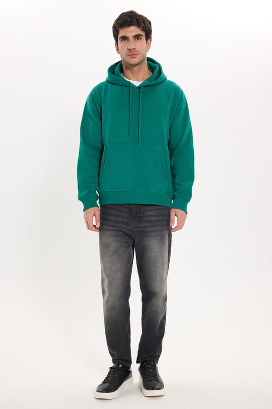 Unisex Oversize Geniş Kesim Pamuklu Yumuşak Dokulu İçi Polarlı Basic Yeşil Kapüşonlu Sweatshirt