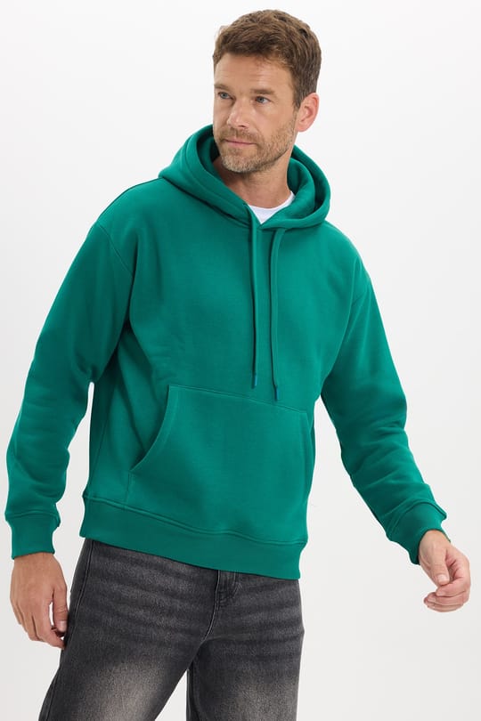 Unisex Oversize Geniş Kesim Pamuklu Yumuşak Dokulu İçi Polarlı Basic Yeşil Kapüşonlu Sweatshirt